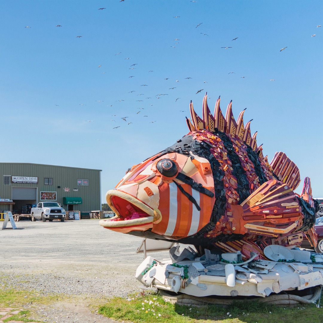 A giant sculpture of an orange and black tiger rockfish made of plastic reclaimed from ocean beaches.